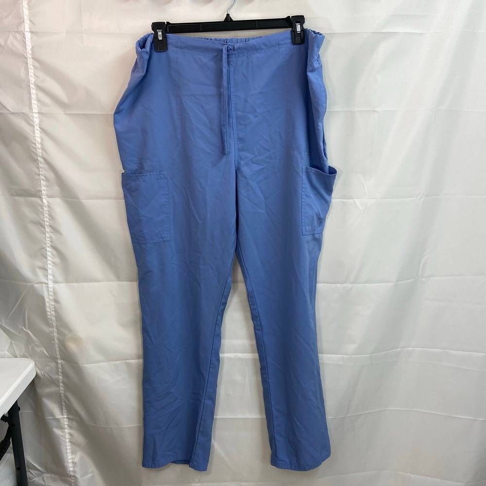 Women's blue pocket drawstring straight‎ fit elastic relaxed scrub pants bottoms